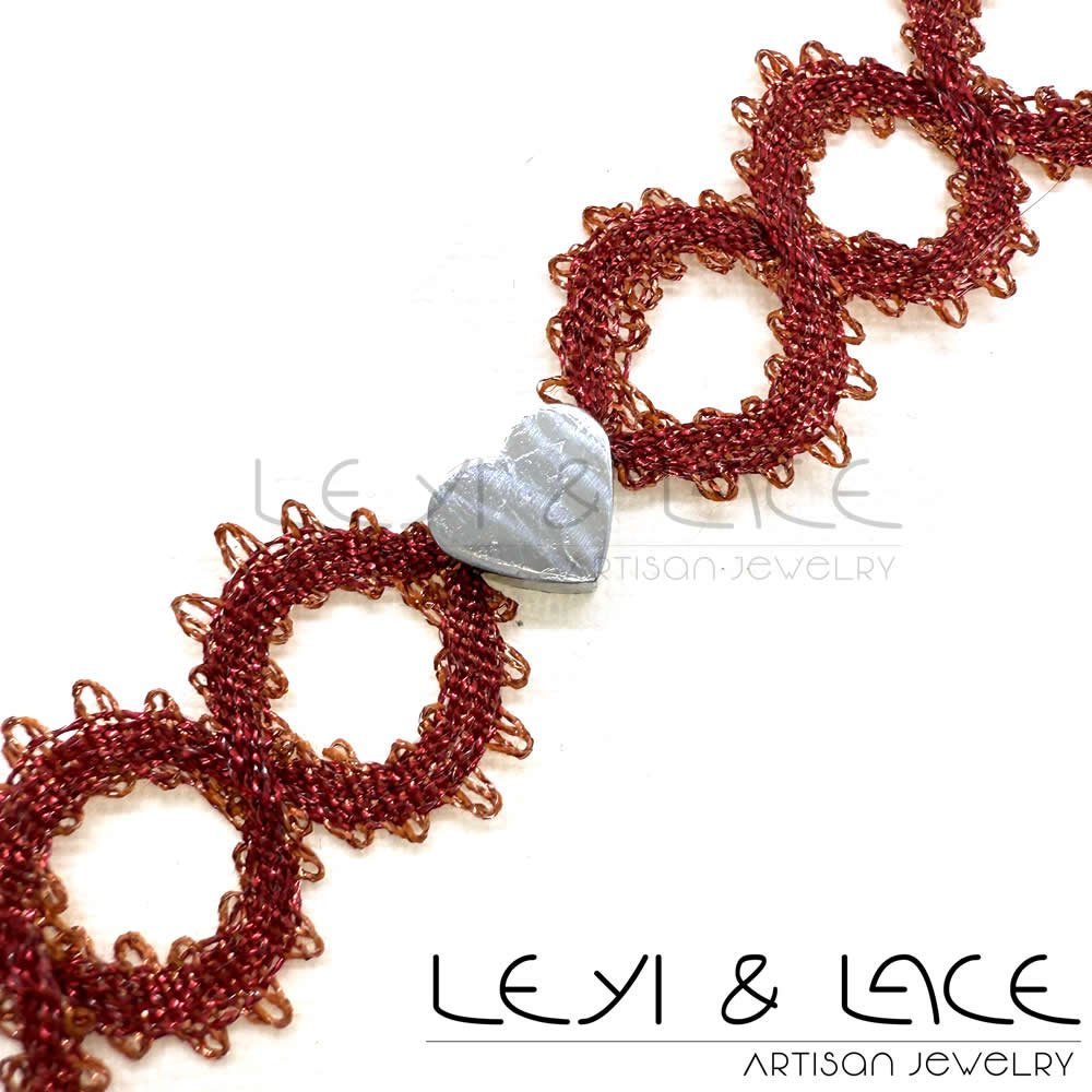 Pulsera Corazón Rojo y Cobre - Leyi & Lace - Artisan Jewelry - Encaje de Bolillos - Joyería Artesana de Encaje de Bolillos